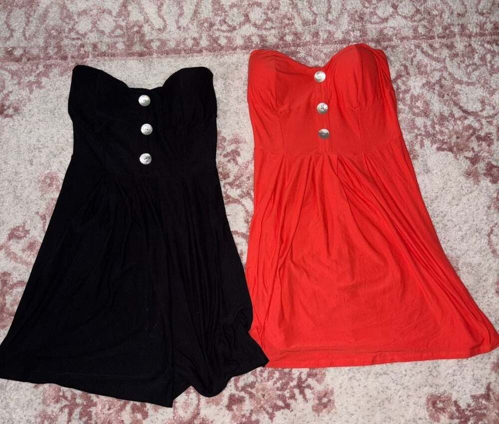 Women's S/M Strapless Smocked Button Tube Top Dress Set (Orange and Black)